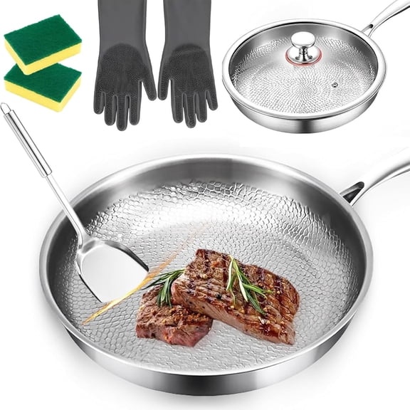 Titanium Pan, 2026 Upgrade 100% Non-toxic Titanium Hammered pan Pro with Lid, Non Stick Frying Pan for Cooking, Chemical-Fre, Heat-Resistant & Lasts a Lifetime (Without Lid, 10.23in)