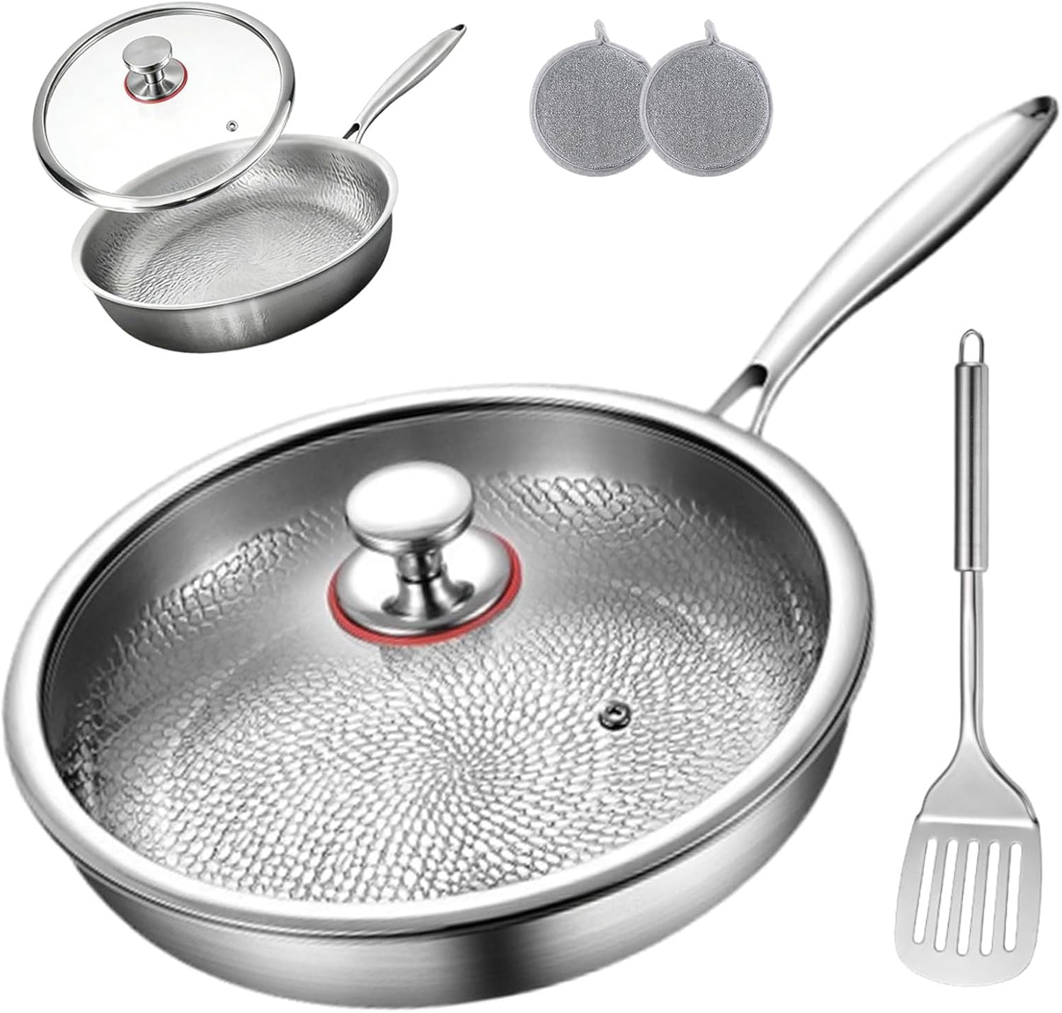 Titanium Pan - 2026 Upgraded Pure Titanium Frying Pan with Lid 12" Non Stick, Hammered Chef-Grade Design, Dishwasher-Safe, Healthy Cookware (28cm/11.02in, With Lid)