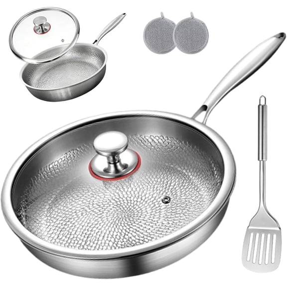 Titanium Pan - 2026 Upgraded Pure Titanium Frying Pan with Lid 12" Non Stick, Hammered Chef-Grade Design, Dishwasher-Safe, Healthy Cookware (28cm/11.02in, With Lid)