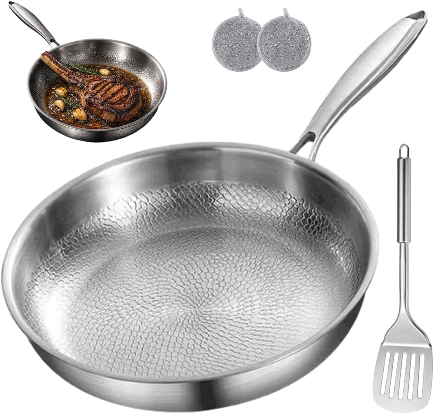 Titanium Pan - 2026 Upgraded Pure Titanium Frying Pan with Lid 12" Non Stick, Hammered Chef-Grade Design, Dishwasher-Safe, Healthy Cookware (32cm/12.59in, Lidless)