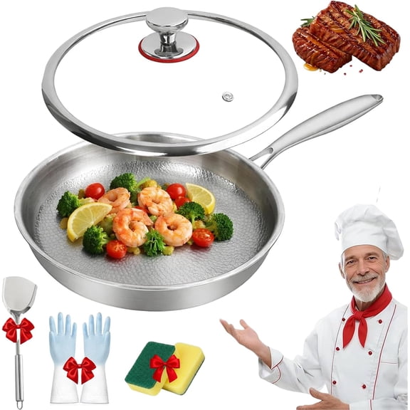 Titanium Pan for Cooking, Titanium Hammered Pan Pro with Lid - Durable Scratch-Resistant Non-Stick Frying Pans, 100% Titanim Healthy Cookware, Induction Compatible (30cm (11.81in))