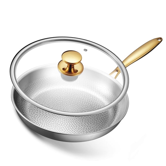 12 Inch Titanium Pan with Lid, Hammered Pure Titanium Frying Pan, No Coating Non Stick Skillet, Healthy Cookware Induction Compatible Oven & Dishwasher Safe, Fast Even Heat