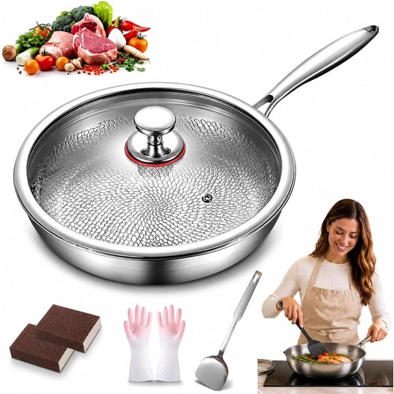 Titanium Pans for Cooking, Nonstick Frying Pans with Lid, No Coating Hammered Cookware Even Heating, Non-Toxic,Ultra-Durable,Scratch-Resistant, Compatible with All Cooktops (10.2In)