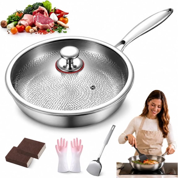 Titanium Pans for Cooking,  Nonstick Frying Pans with Lid, No Coating Hammered Cookware Even Heating, Non-Toxic,Ultra-Durable,Scratch-Resistant, Compatible with All Cooktops (11.8In)