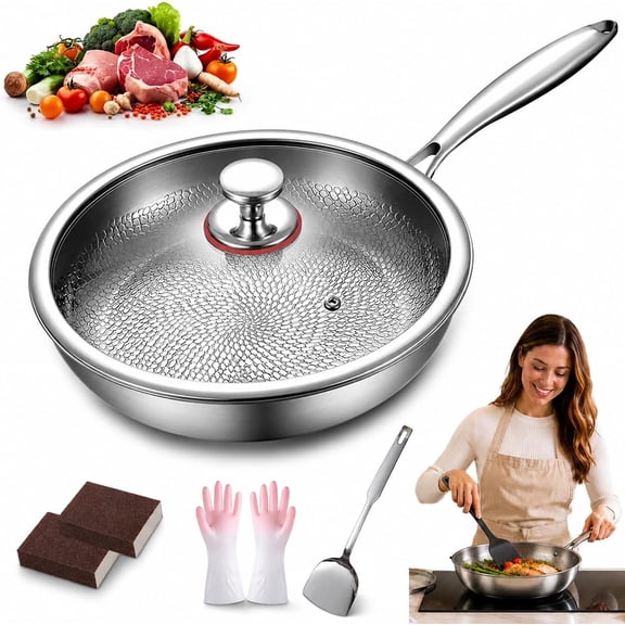 Titanium Pans for Cooking, Nonstick Frying Pans with Lid, No Coating Hammered Cookware Even Heating, Non-Toxic,Ultra-Durable,Scratch-Resistant, Compatible with All Cooktops (9.4In)