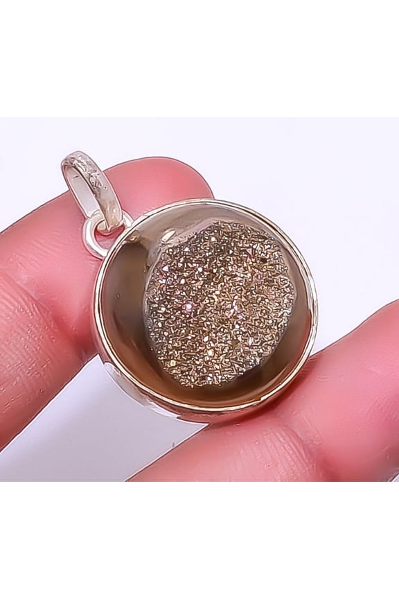 Titanium Peacock Agate Drusy 925 Sterling Silver Pendant 1.17" P7311-30, Christmas Gift, Gemstone Silver Jewelry, Drusy Quartz Pendant, New Year Sale