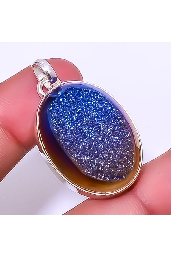Titanium Peacock Agate Drusy 925 Sterling Silver Pendant 1.56" P7312-30, Christmas Gift, Gemstone Silver Jewelry, Drusy Quartz Pendant, New Year Sale