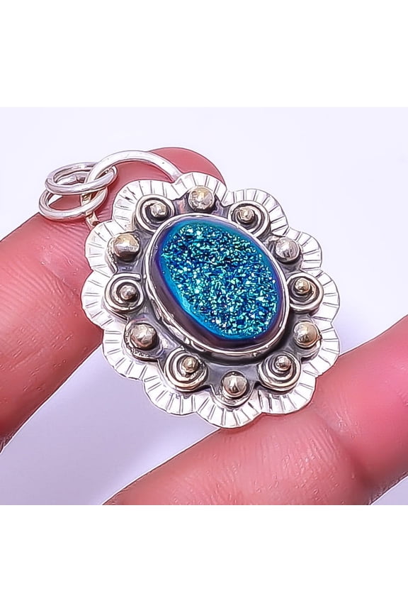 Titanium Peacock Agate Drusy Gemstone 925 Silver Plated Pendant 1.95" P7832-55, Valentine's Day Gift, Birthday Gift, Beautiful Jewelry For Woman