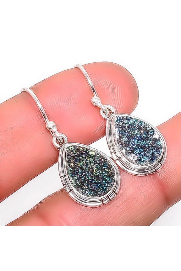 Titanium Peacock Agate Drusy Gemstone 925 Sterling Silver Earring 1.29" A327, Handmade Jewelry, Dangle Earring