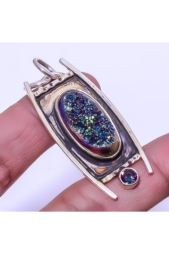 Titanium Peacock Agate Drusy Gemstone 925 Sterling Silver Pendant 1.95" A385, Christmas Gift, Gemstone Silver Jewelry, Drusy Pendant, New Year Sale