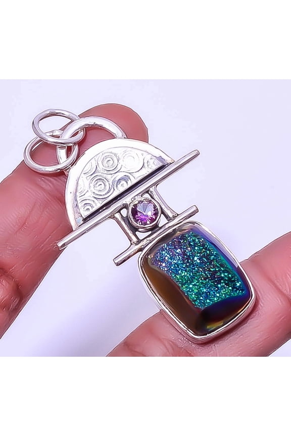 Titanium Peacock Agate Drusy Gemstone 925 Sterling Silver Pendant 2.15" A38, Christmas Gift, Gemstone Silver Jewelry, Drusy Quartz Pendant, New Year S