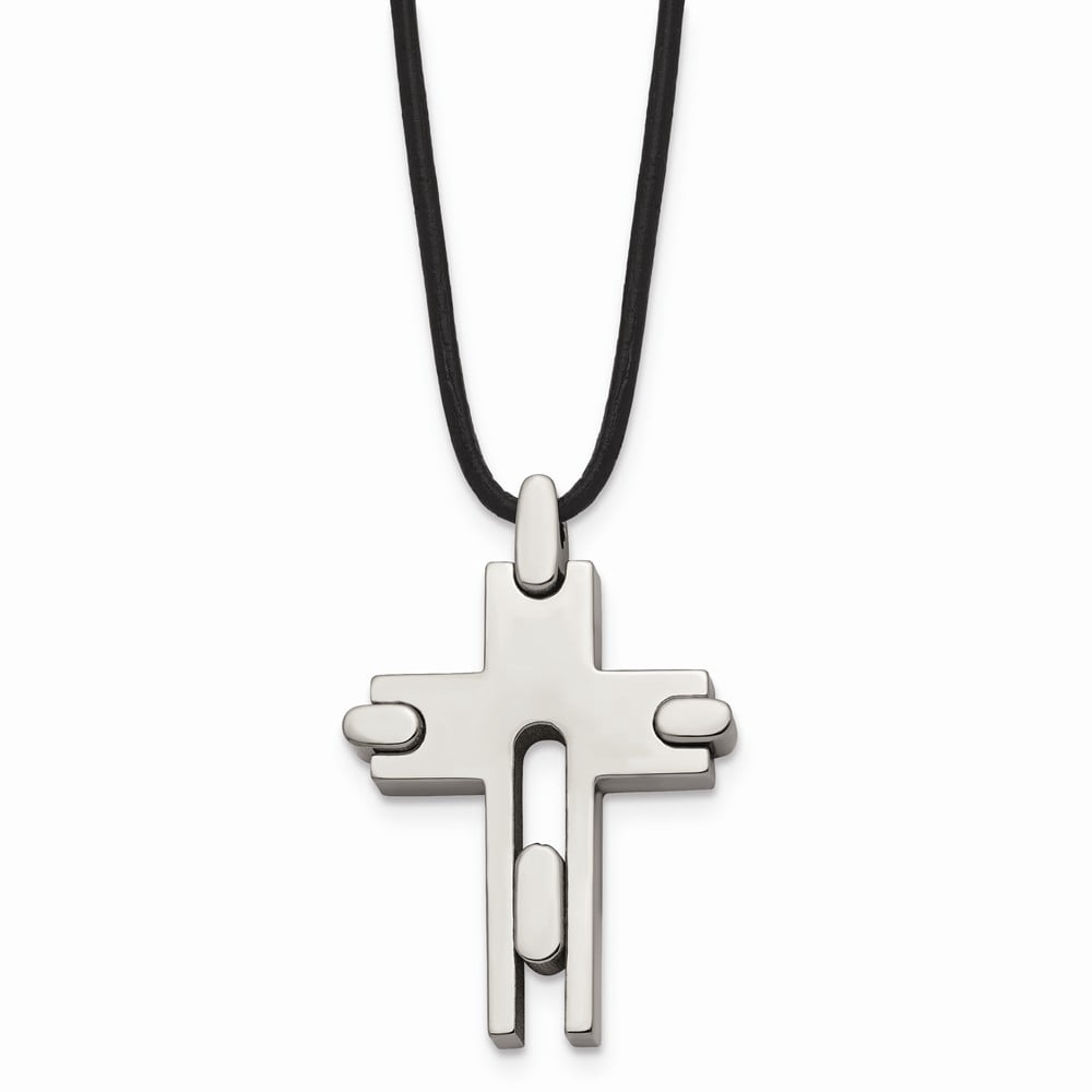 Titanium Polishd Cross Leather Cord 18in Necklace; 18 inch; for Adults and Teens; for Women and Men