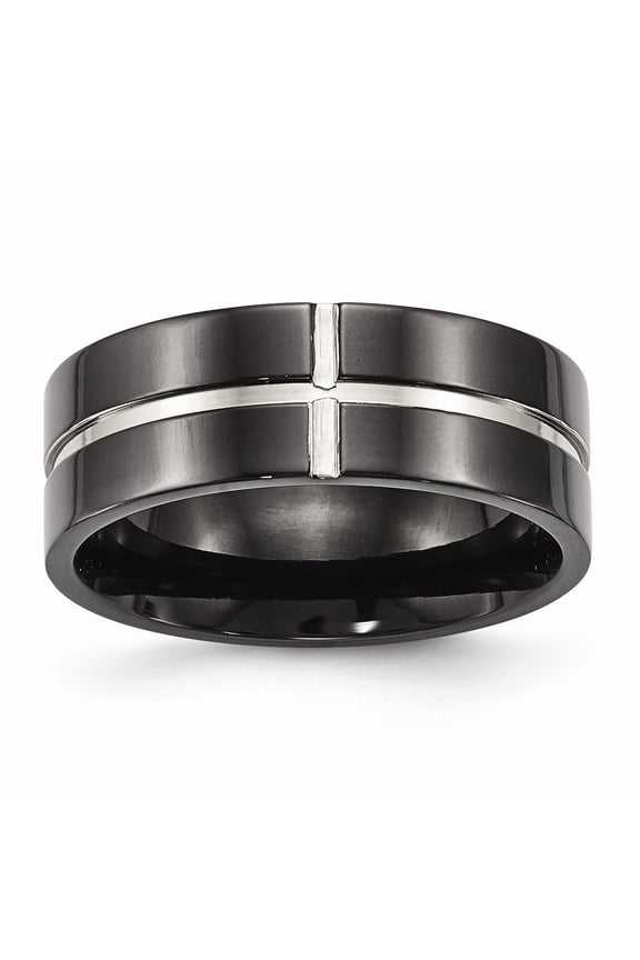 Titanium Polished Black IP Grooved Comfort Back Ring Size: 7; for Adults and Teens; for Women and Men