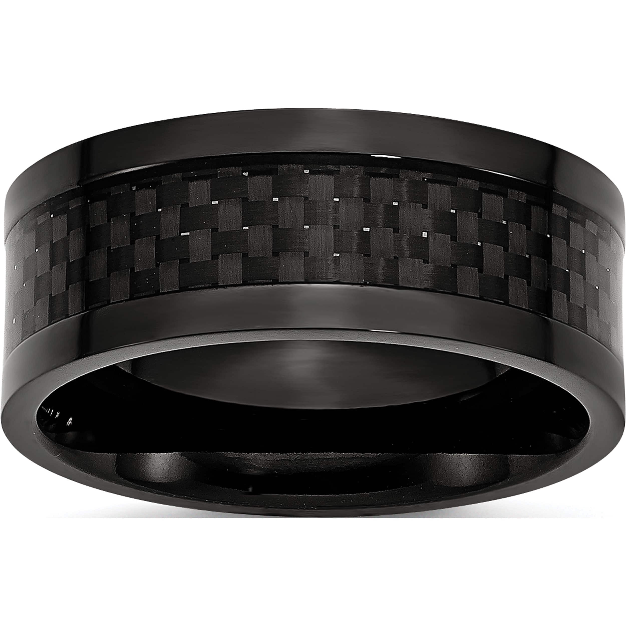 Titanium 9mm Black IP-Plated With Carbon Fiber Inlay Polished Band Titanium 9mm Black IP-Plated With Carbon Fiber Inlay Polished Band