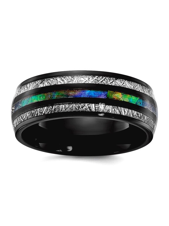 Titanium Polished Black Ip With Abalone Imit. Meteorite Inlay 8mm Band Size 8.5 Ring for Women and Men