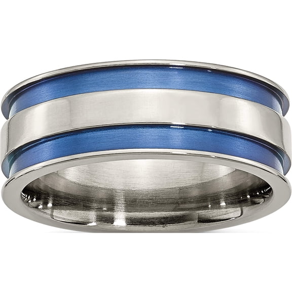 Titanium Polished Blue Anodized 8.5mm Double Grooved Band (Size 9) Made In United States tb415-9