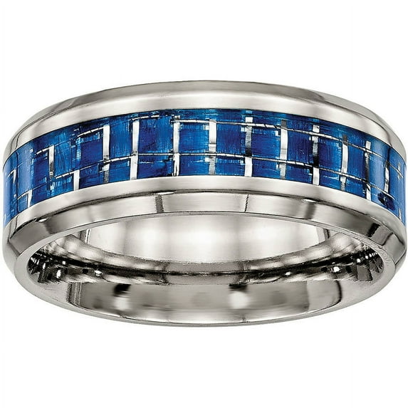 Titanium Polished Blue/White Carbon Fiber Inlay Ring