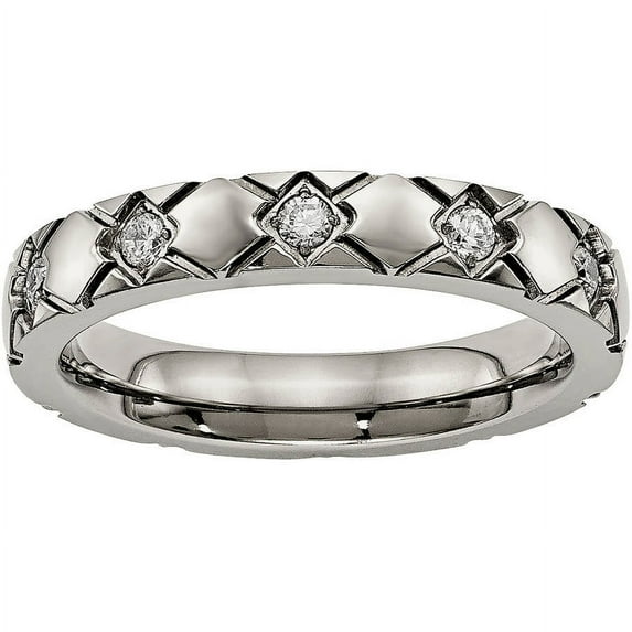 Titanium Polished Criss Cross Grooved CZ Ring