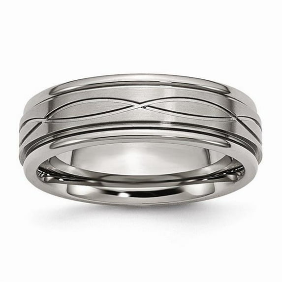 Titanium Polished Criss-cross Design & Brushed Center Ridged Edge Band - Size 9