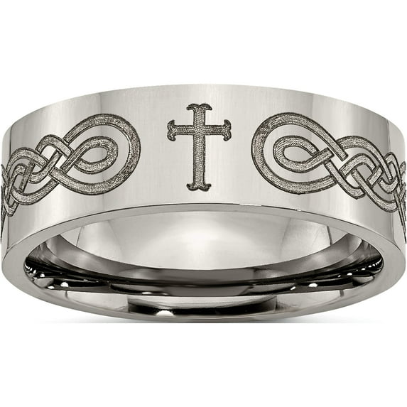 Titanium Polished Cross Laser Design 8mm Flat Band (Size 12.5) Made In China tb3p-12.5
