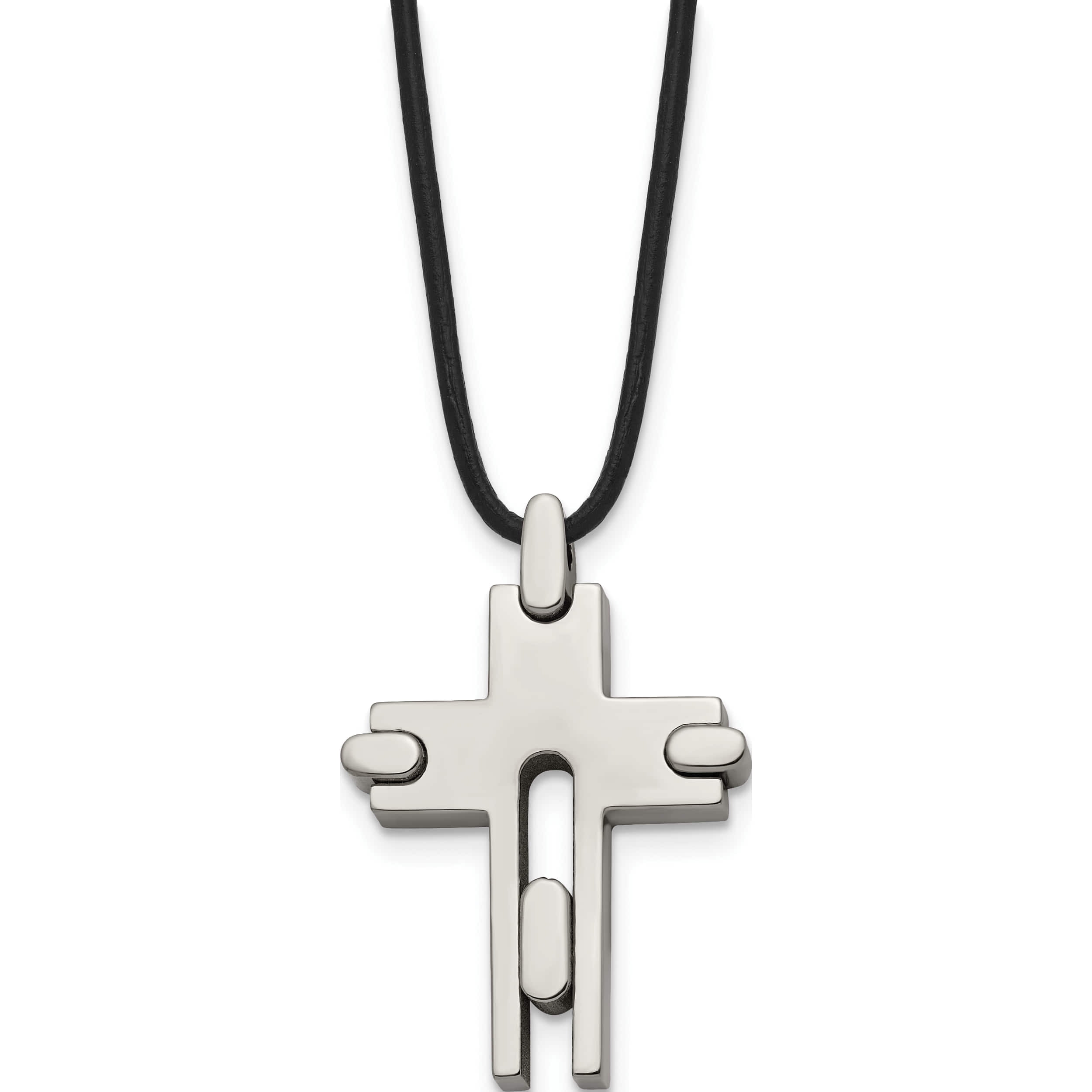 Titanium Polished Cross Leather Cord 18In Necklace (18 X 24) Made In China tbn106-18