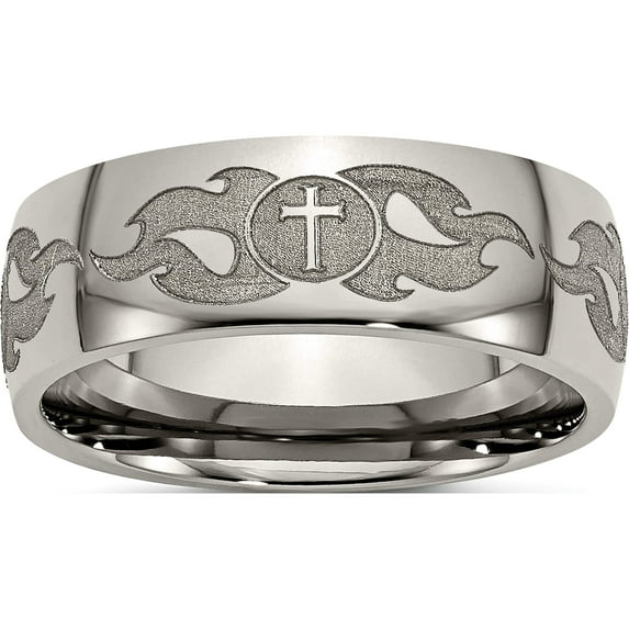 Titanium Polished Cross With Flames Laser Design 8mm Band (Size 10) Made In China tb2s-10