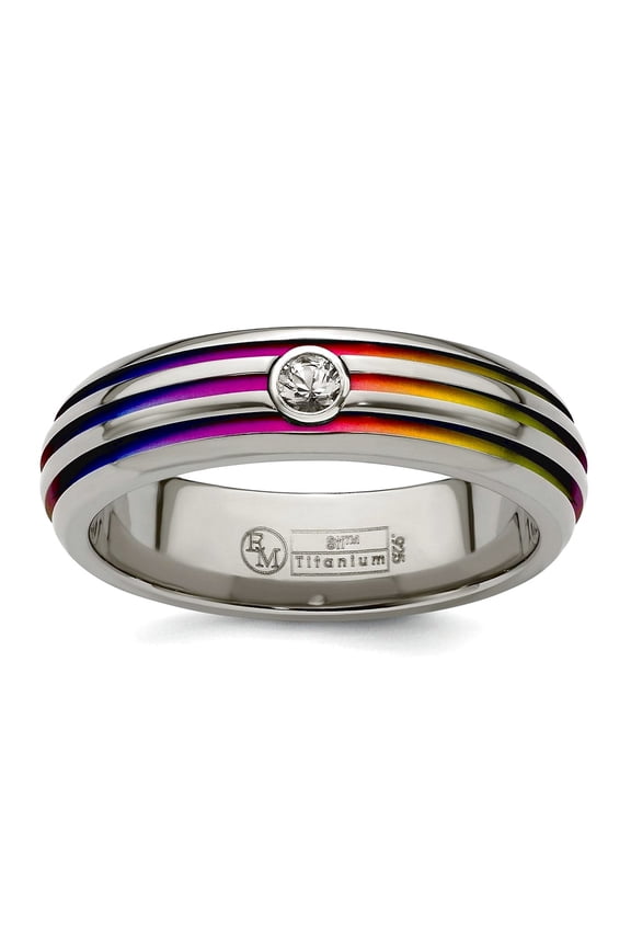 Titanium Polished Multi-colored Rainbow Anodized Triple Groove White Sapphire 6mm Band Size 10 Ring for Women and Men