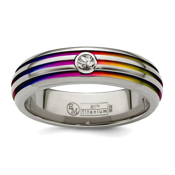 Titanium Polished Multi-colored Rainbow Anodized Triple Groove White Sapphire 6mm Band Size 8.5 Ring for Women and Men