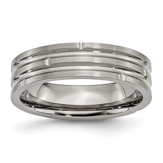 Titanium Notched and Grooved 6mm Satin Band Ring - Size 12