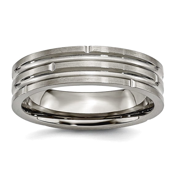 Titanium Polished Notched and Grooved 6mm Satin Band Ring Size 6.5 Ring for Women and Men