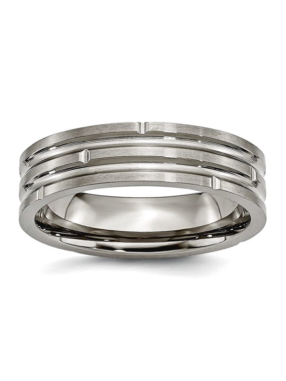 Titanium Polished Notched and Grooved 6mm Satin Band Ring Size 6.5 Ring for Women and Men