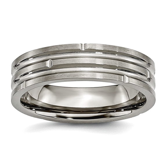 Titanium Polished Notched and Grooved 6mm Satin Band Ring Size 6 Ring for Women and Men