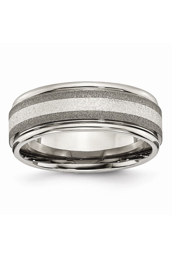 Titanium Polished /Stone Finish Center Grooved Edge Sterling Inlay Band Size: 8; for Adults and Teens; for Women and Men