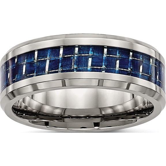 Titanium Polished With Blue Carbon Fiber Inlay 8mm Beveled Edge Band (Size 13) Made In China tb479-13