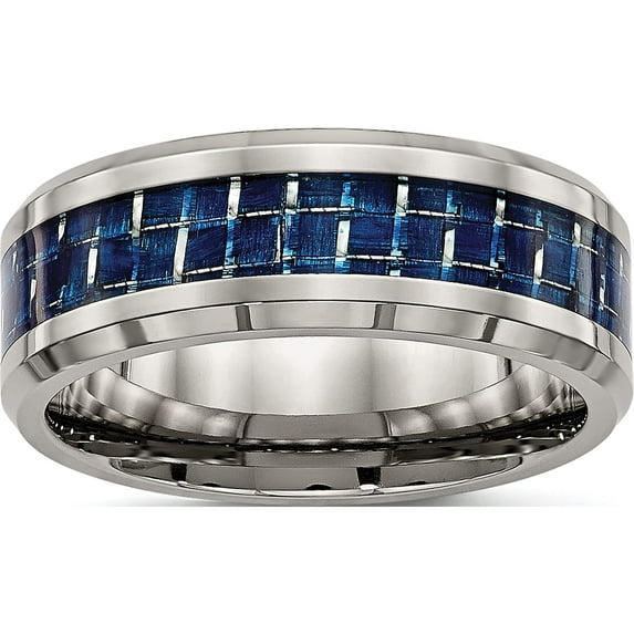 Titanium Polished With Blue Carbon Fiber Inlay 8mm Beveled Edge Band (Size 7) Made In China tb479-7