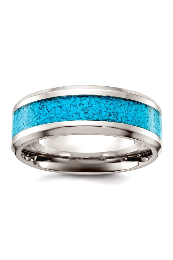 Titanium Polished With Simulated Turquoise Inlay 8mm Band Size 9.5 Ring for Women and Men