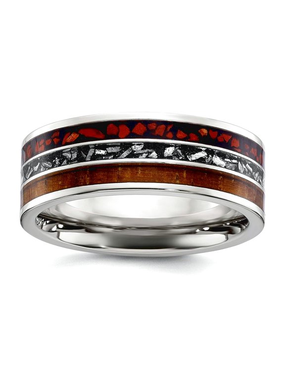 Titanium Polished With Wood Imit. Meteorite Redstone Inlay 8mm Band Size 11 Ring for Women and Men