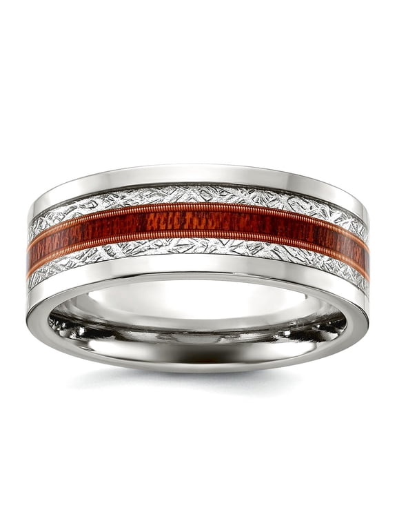 Titanium Polished With Wood and Imit. Meteorite Inlay 8mm Band Size 8 Ring for Women and Men