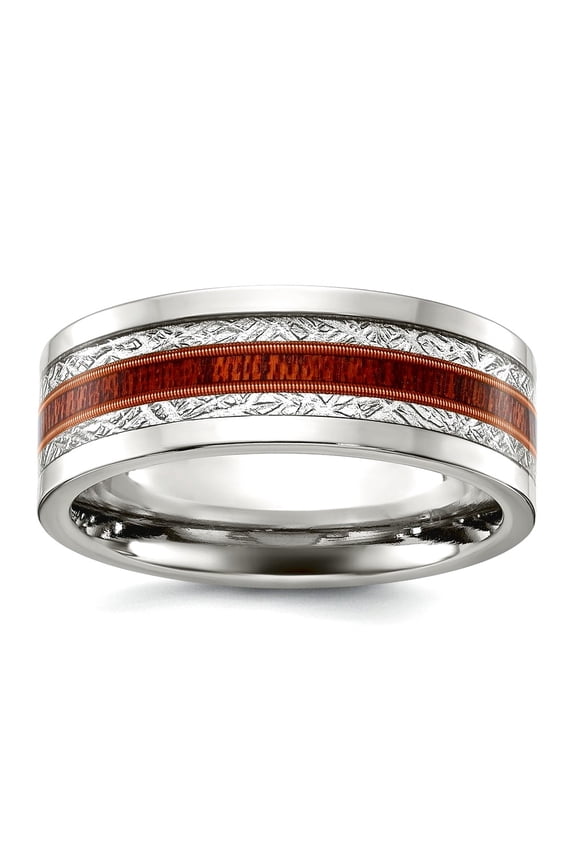 Titanium Polished With Wood and Imit. Meteorite Inlay 8mm Band Size 8 Ring for Women and Men