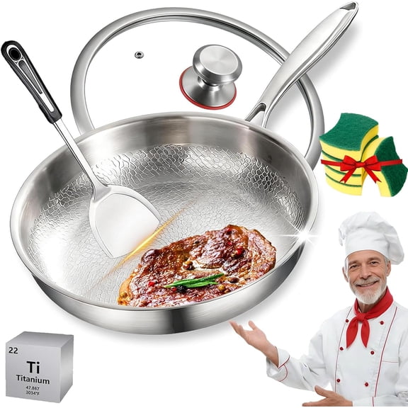 Titanium Pro Pan, 2026 Upgrade Pure Titanium Frying Pan with Lid, Non Stick Titanium Hammered Pan, Chemical-Free, Extreme Heat-Resistant & Lasts a Lifetime (11.81in, With Lid)