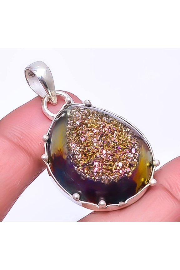 Titanium Purple Agate Drusy 925 Sterling Silver Pendant 1.76" P7468-14, Christmas Gift, Gemstone Silver Jewelry, Drusy Quartz Pendant, New Year Sale