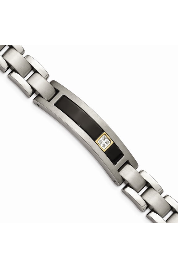 Titanium/Real 14kt Polished/Brushed With Black Onyx .05ct. dia 8in Chain Bracelet; for Adults and Teens; for Women and Men