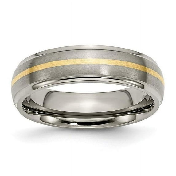 Titanium Ridged Edge 14K Gold Yellow Inlay 6 mm Brushed & Polished Band - Size 7.5