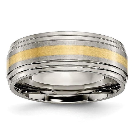 Titanium Ridged Edge 14K Gold Yellow Inlay 8 mm Brushed & Polished Band - Size 11