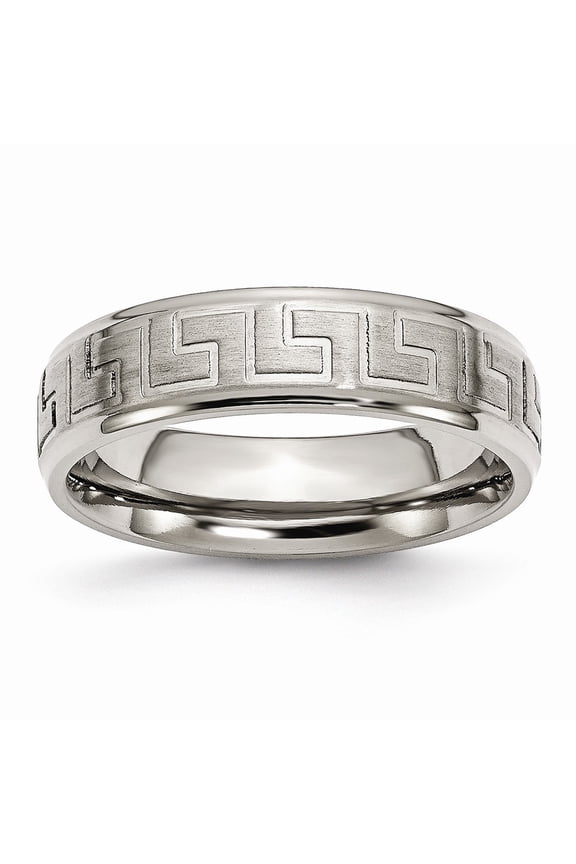 Titanium Ridged Edge Greek Key Design 6mm Satin/Polished Band Size: 12; for Adults and Teens; for Women and Men