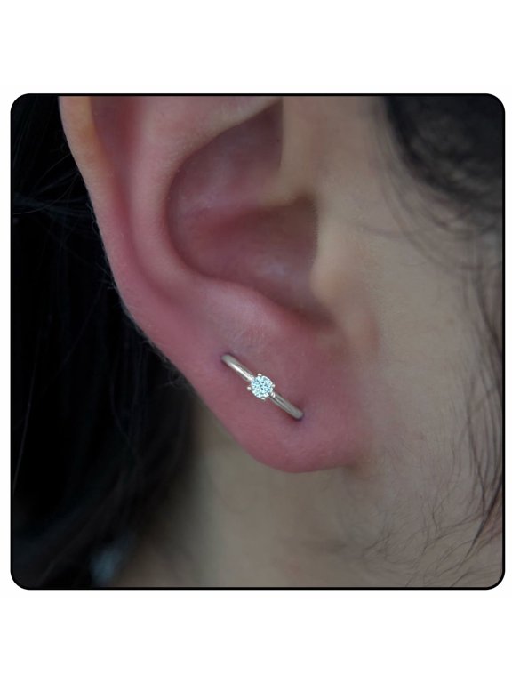 Titanium Ring Hoop Earring with 4mm CZ Stone, Double Piercing Huggie Cartilage Hoop, Minimalist Helix Tragus Ear Ring Jewelry for Women Men