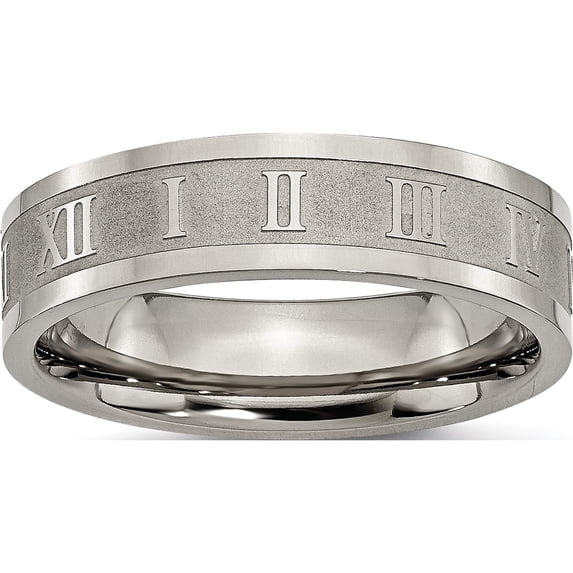 Titanium Roman Numerals 6mm Satin & Polished Flat Band (Size 12) Made In China tb345-12