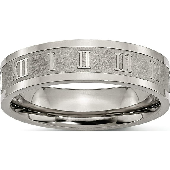 Titanium Roman Numerals 6mm Satin & Polished Flat Band (Size 9.5) Made In China tb345-9.5