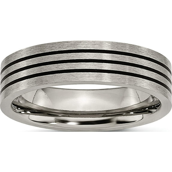 Titanium Satin And Polished Black Enamel Striped 6mm Flat Band (Size 11.5) Made In China tb347-11.5