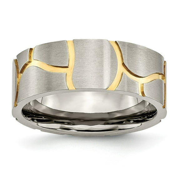 Titanium Satin and Grooved Gold-Flashed Mens 8mm Band Ring - 4.2 Grams - Size 13